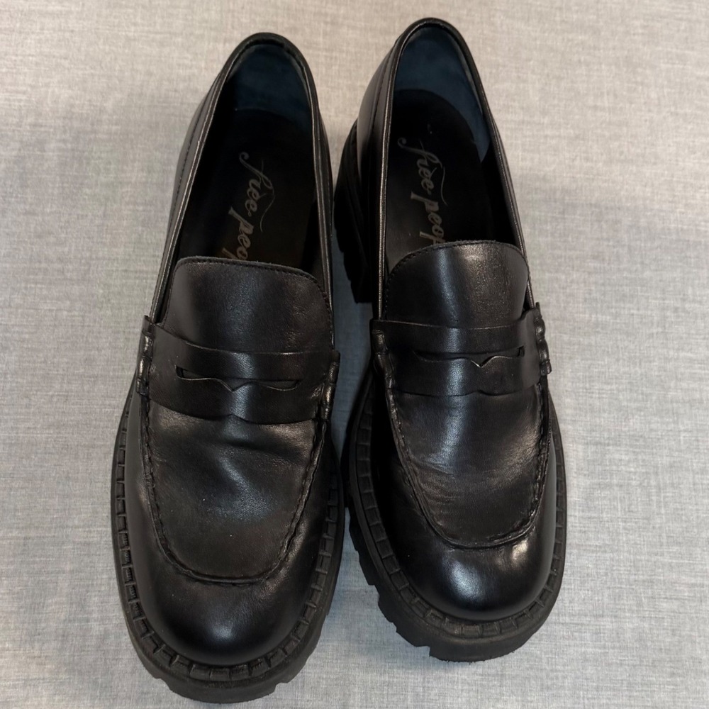 Free People Black Leather Lug Sole Penny Loafers Platform Shoes 39